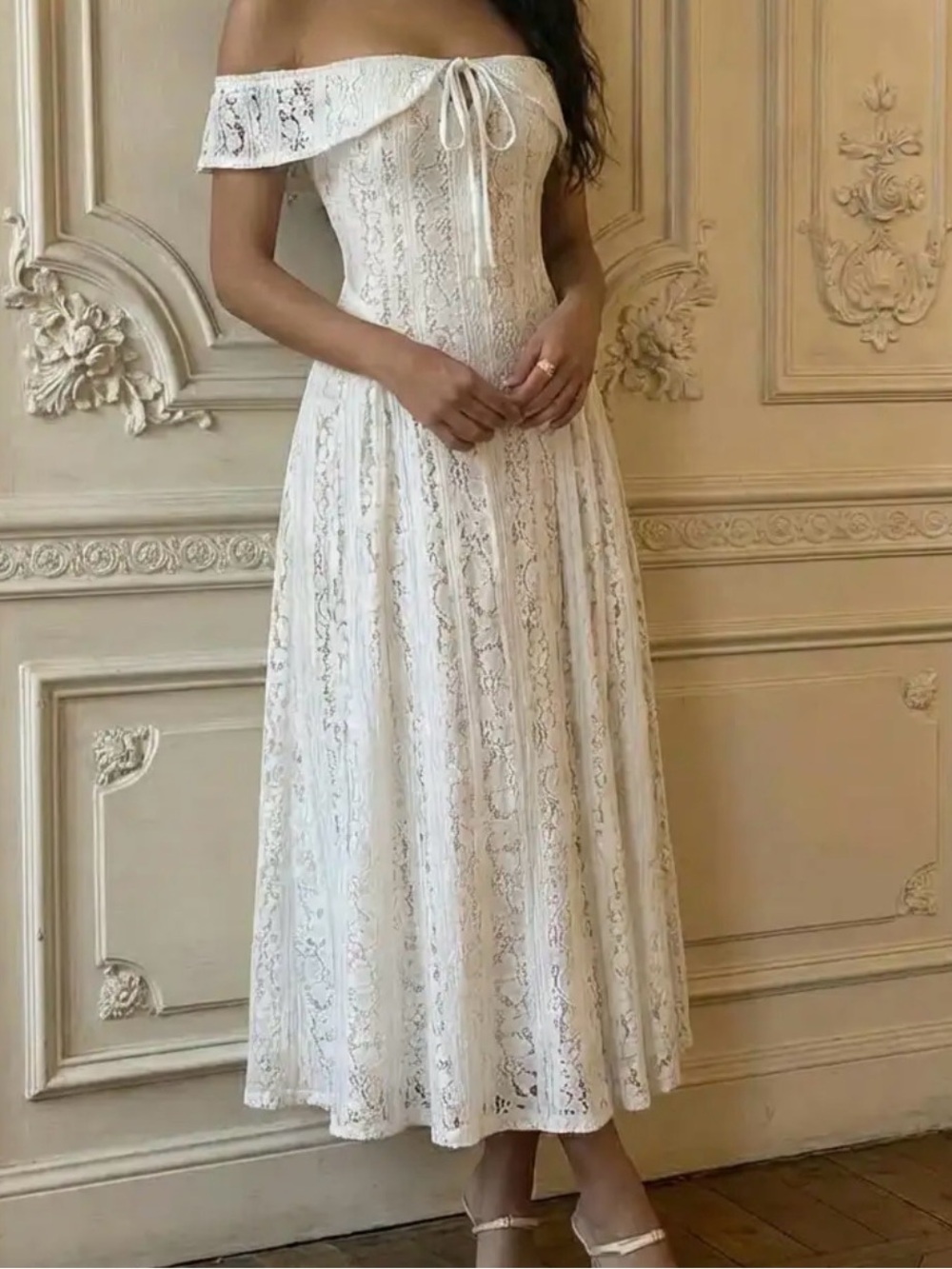 Off-Shoulder White Lace Midi Dress